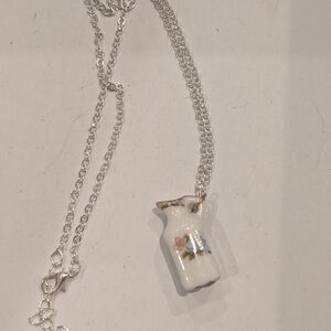 White Porcelain Floral Pitcher Pendant Necklace with Silver Chain